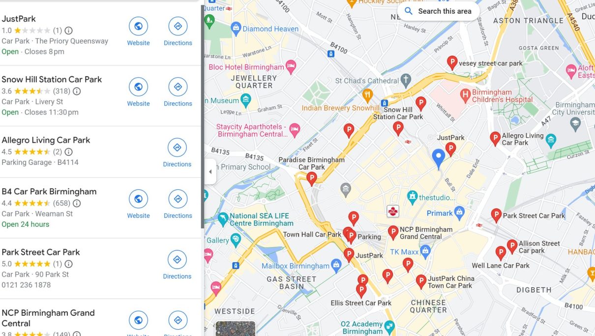 Birmingham City Centre Parking List